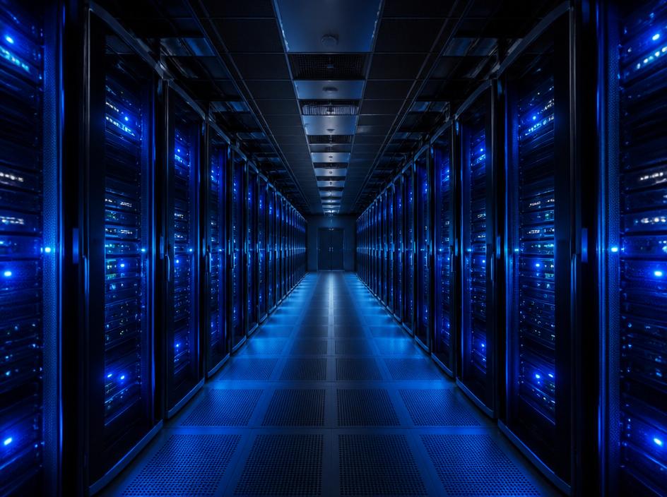 Corredor de data center com luzes LED azuis