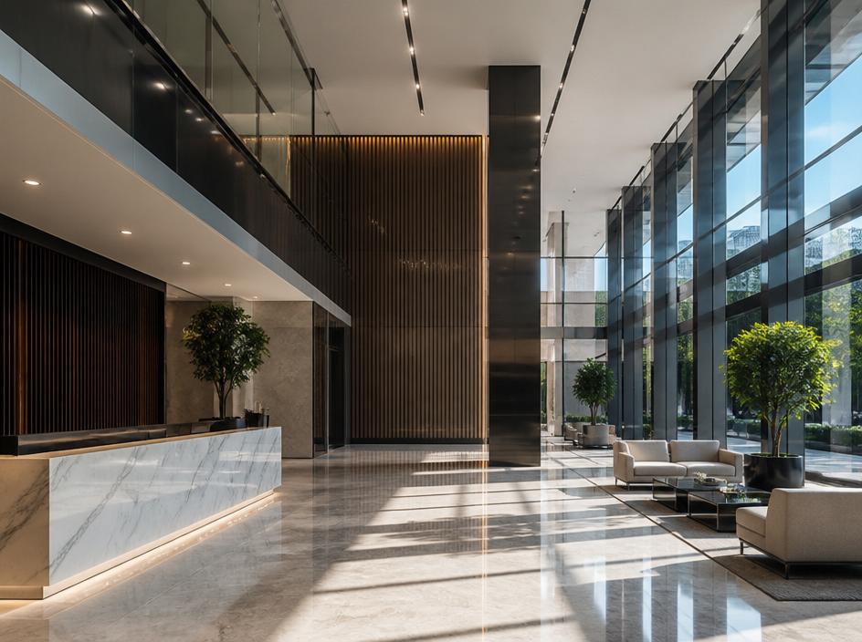 Lobby corporativo minimalista com vidro e aço