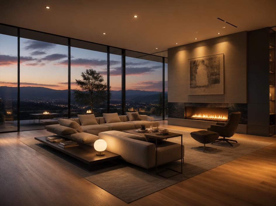 Sala de estar moderna com vista panorâmica ao entardecer